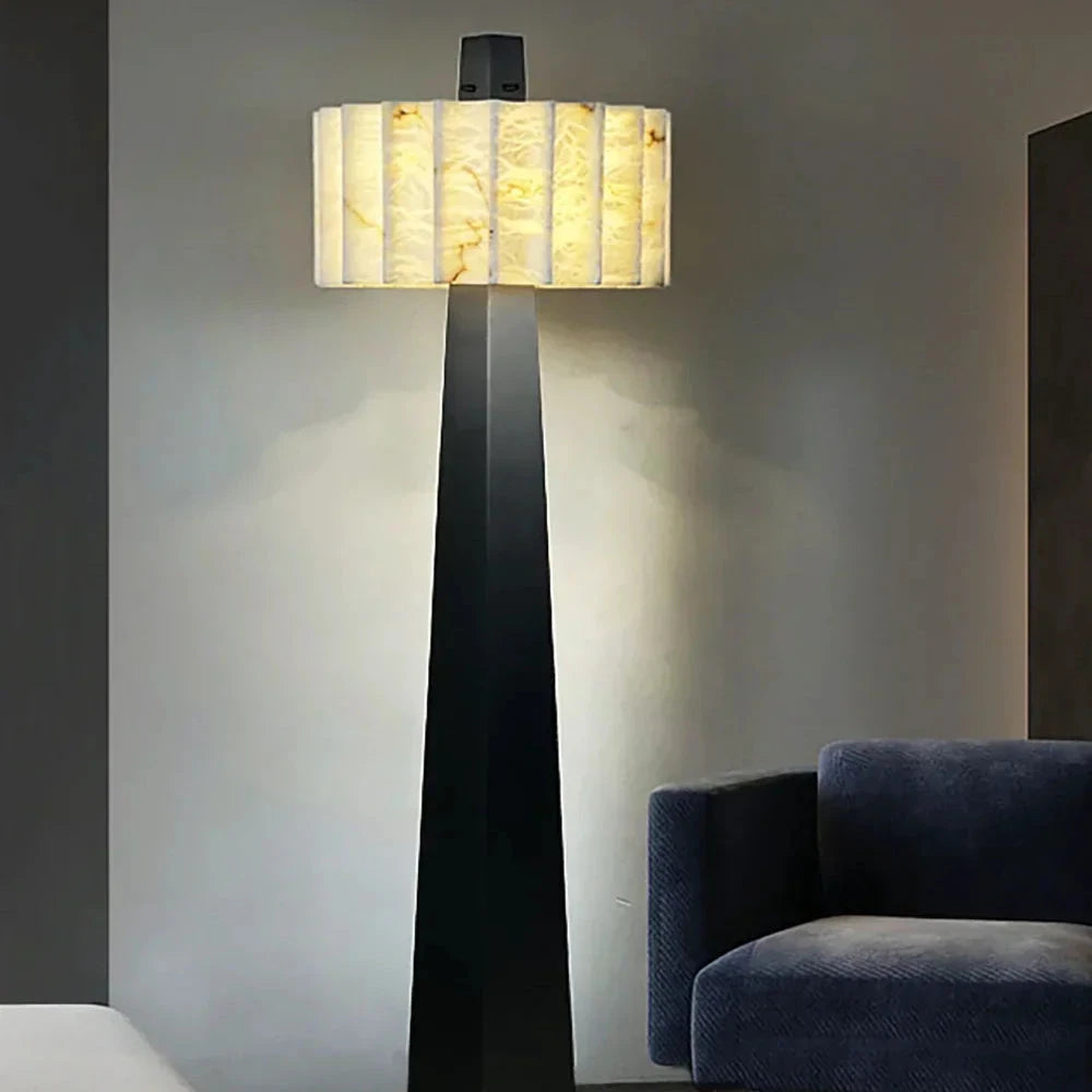 Tapered Base Floor Lamp Beside Living Room Blue Sofa