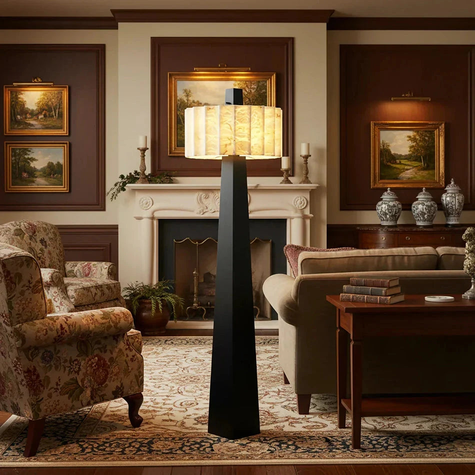 Modern Alabaster Floor Lamp Over Vintage Living Room Fireplace Area