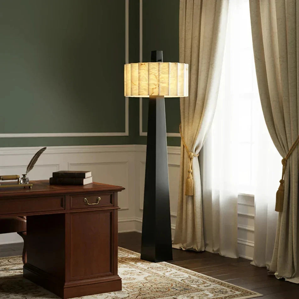 Tapered Base Alabaster Floor Lamp Illuminating Study Room Desk