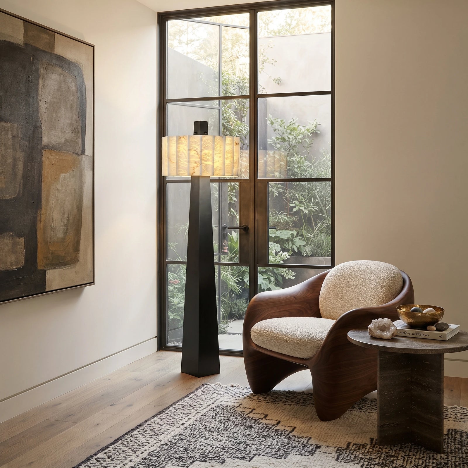 Modern Black Alabaster Floor Lamp Over Lounge Chair Corner