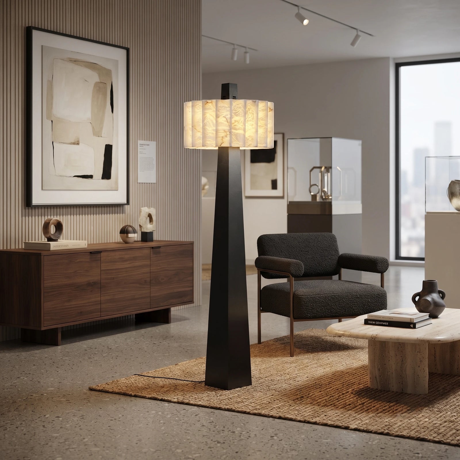 Contemporary Alabaster Floor Lamp Over Living Room Sideboard