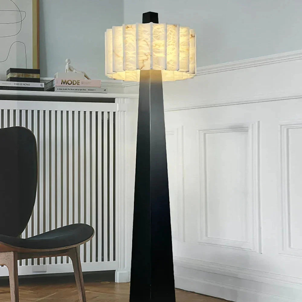 Modern Alabaster Floor Lamp Over Cozy Reading Corner