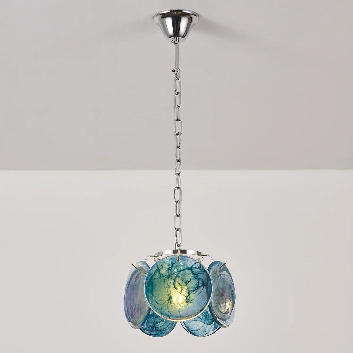 Illuminated Modern Blue Colorful Disc Pendant Light Studio Shot