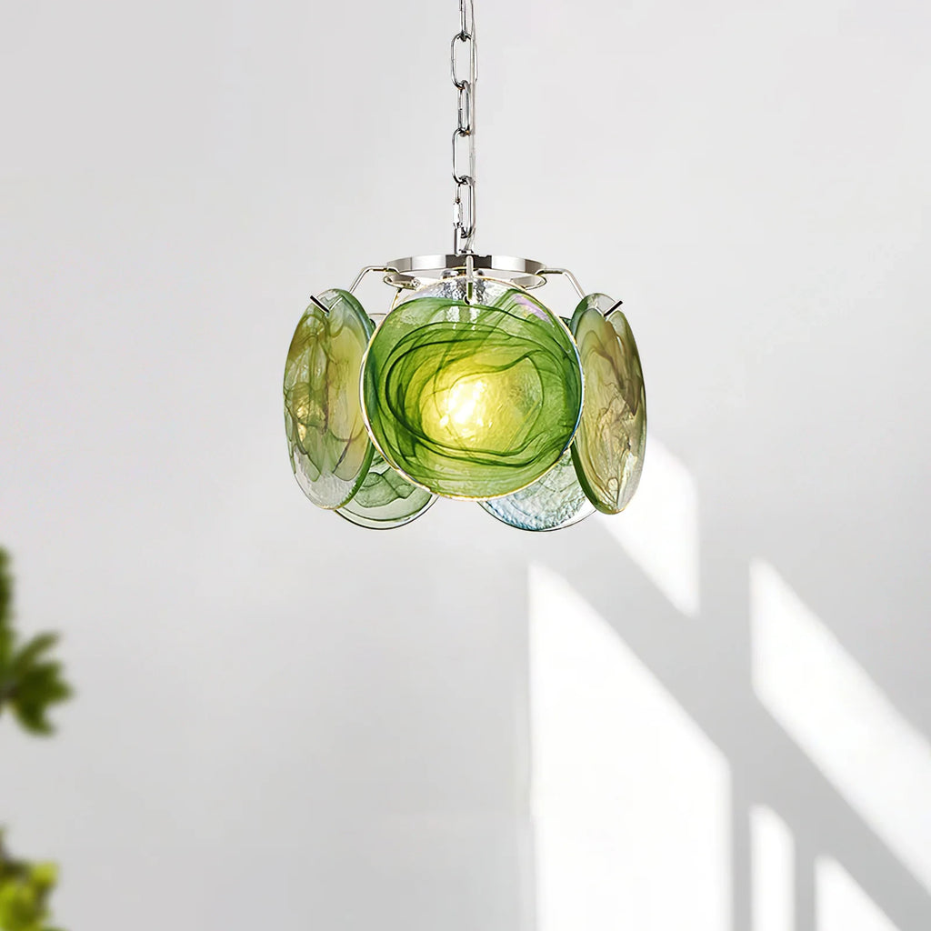Illuminated Modern Green Colorful Disc Pendant Light Studio Shot