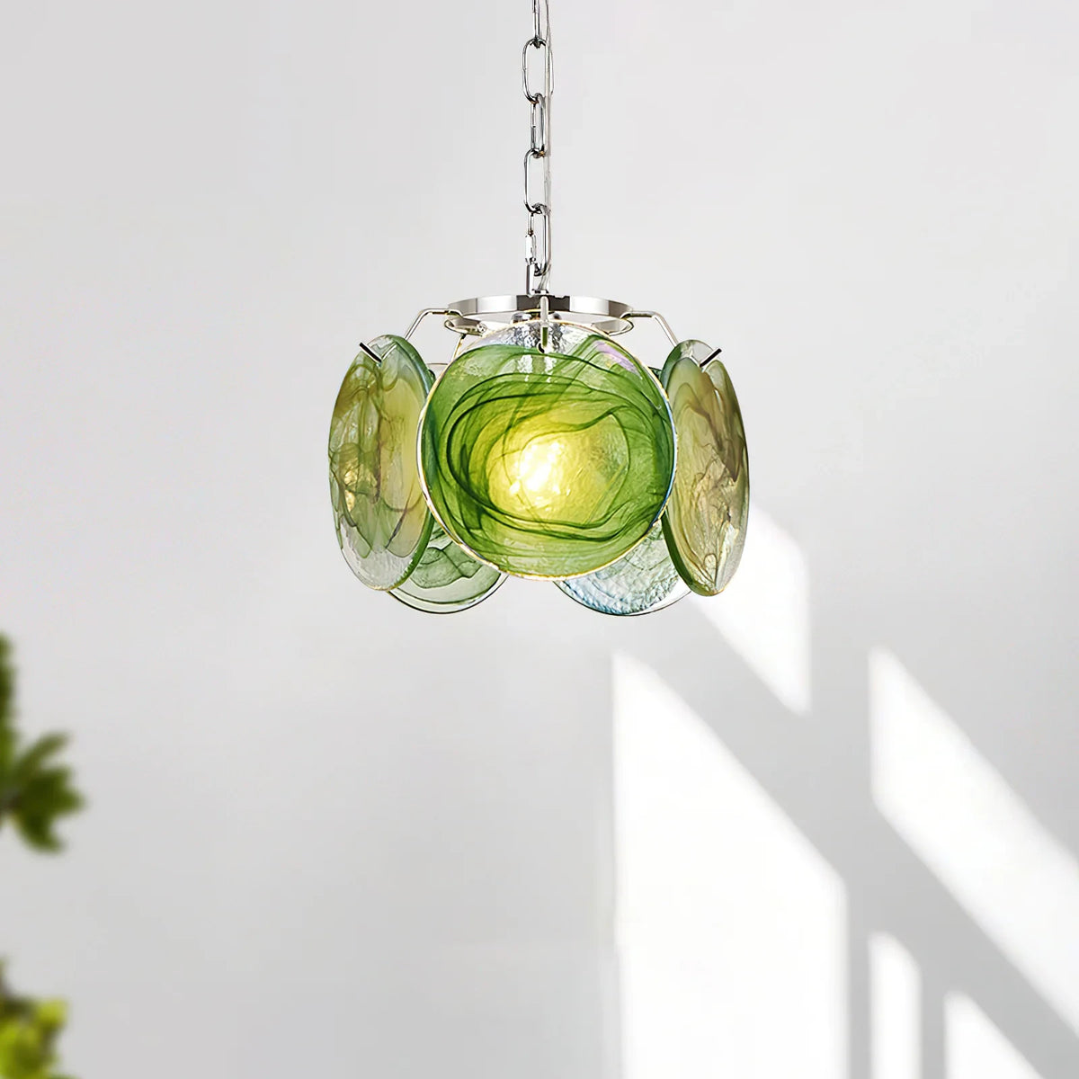 Illuminated Modern Green Colorful Disc Pendant Light Studio Shot