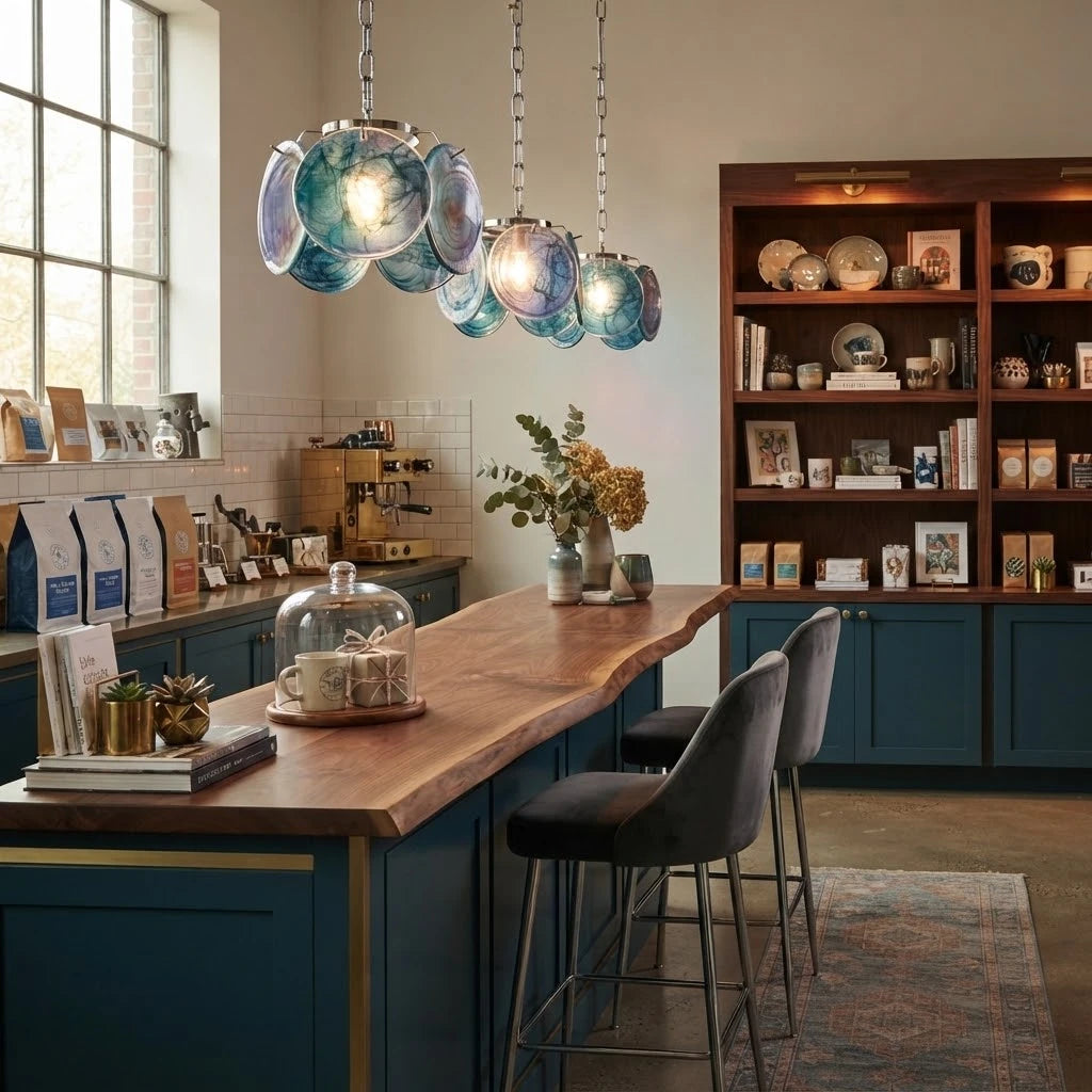 Modern Colorful Disc Pendant Lights Over Cafe Table