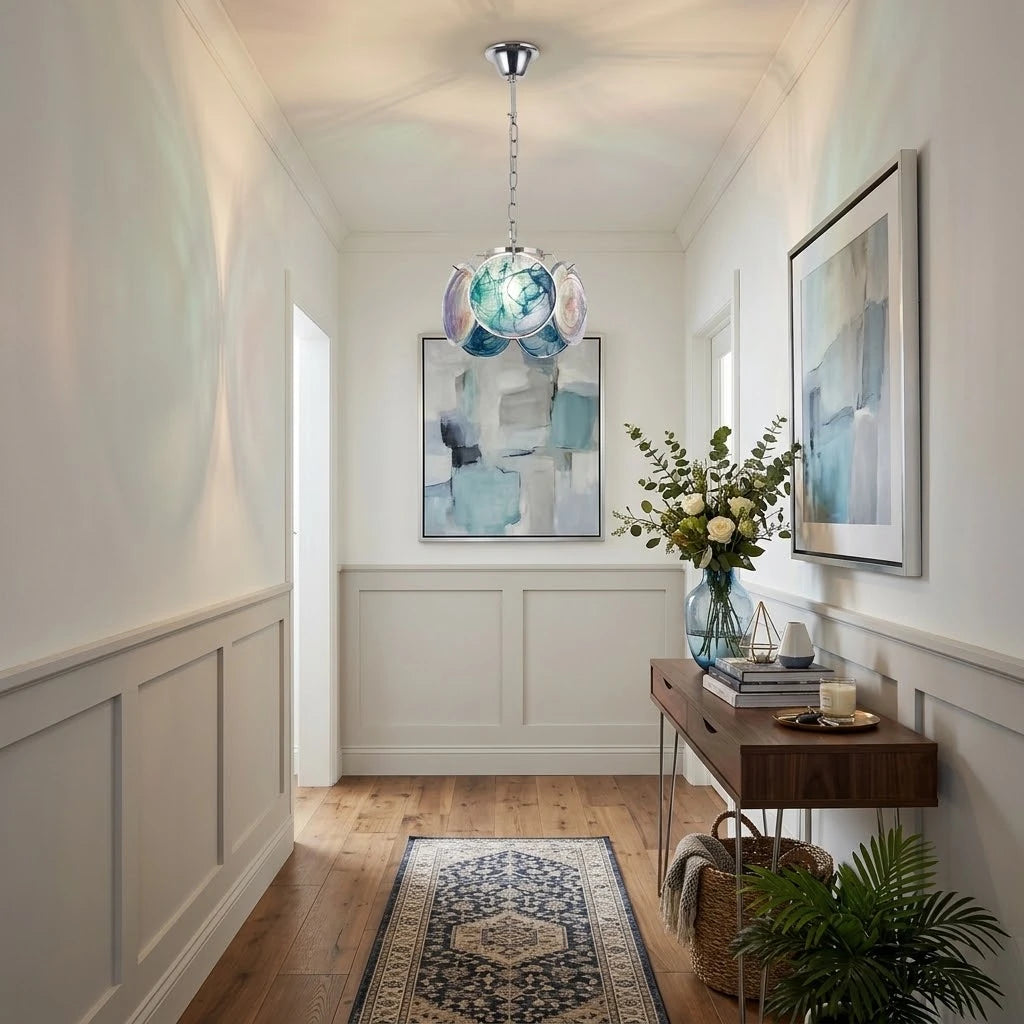 Modern Colorful Disc Art Glass Pendant Light Along Hallway Foyer