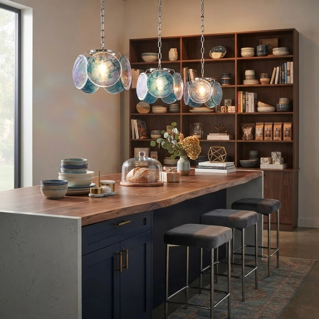 Modern Colorful Disc Art Glass Pendant Lights in Cafe and Bar Setting