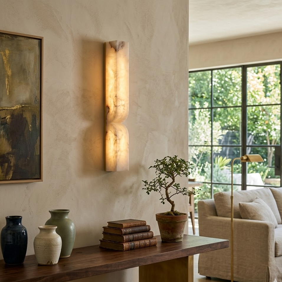Illuminated Odyssey Wave Alabaster Sconce mounted on wall beside entryway console table