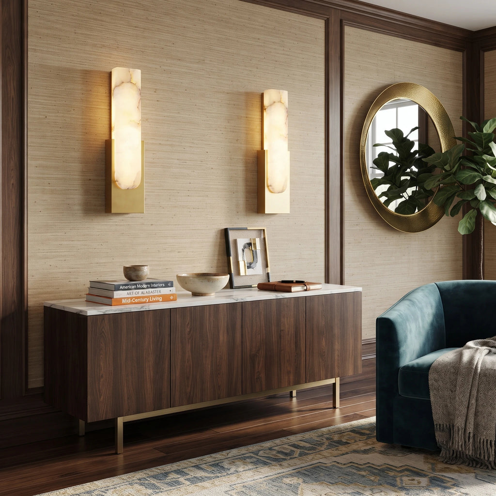 Pair of Rectangular Alabaster Wall Sconces Flanking Storage Credenza