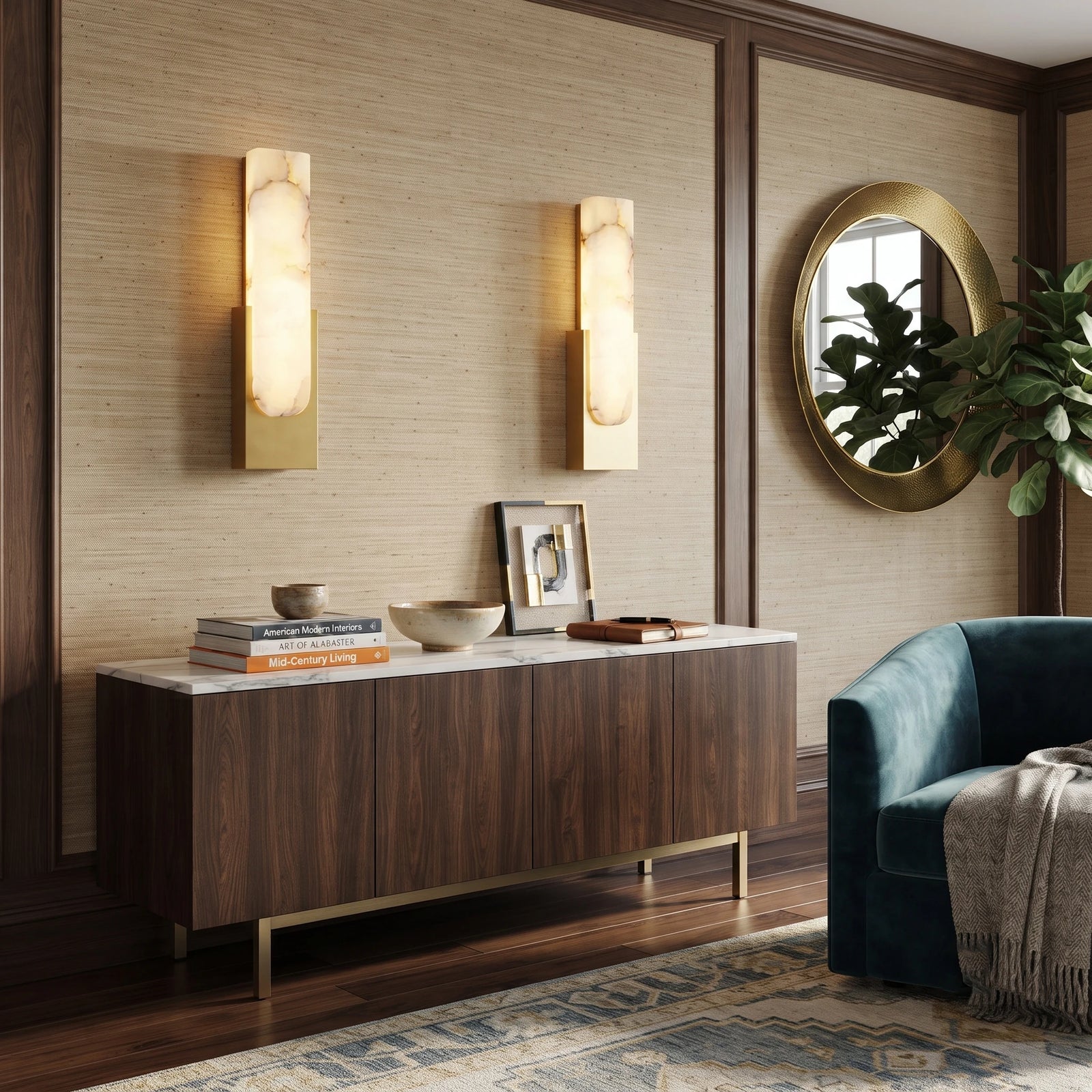 Pair of Rectangular Alabaster Wall Sconces Flanking Storage Credenza
