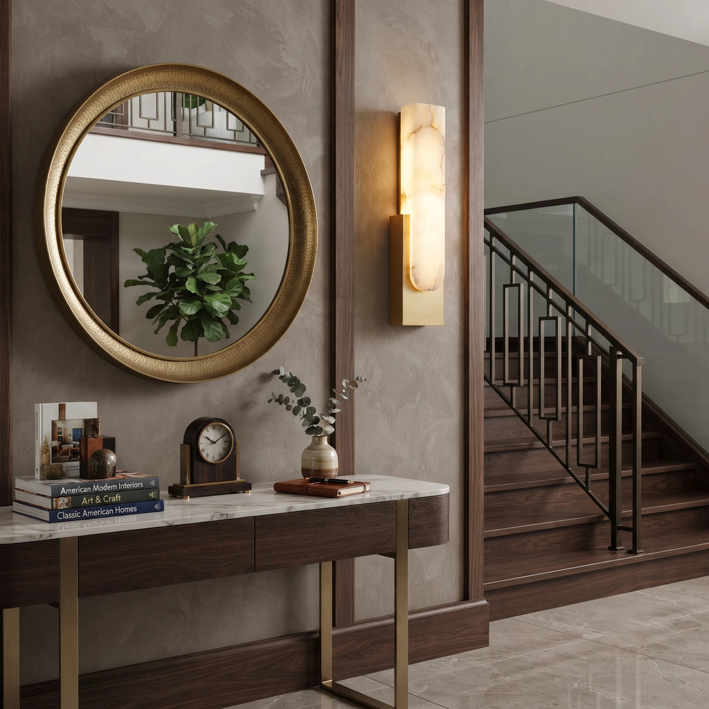Alabaster Wall Light Mounted Near Stairway Console Table
