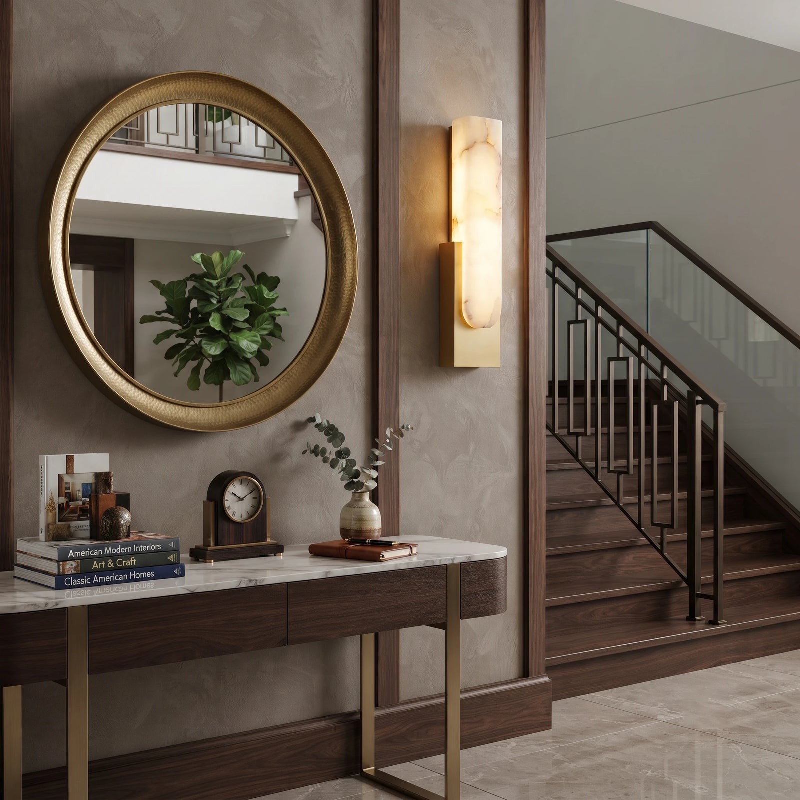 Alabaster Wall Light Mounted Near Stairway Console Table