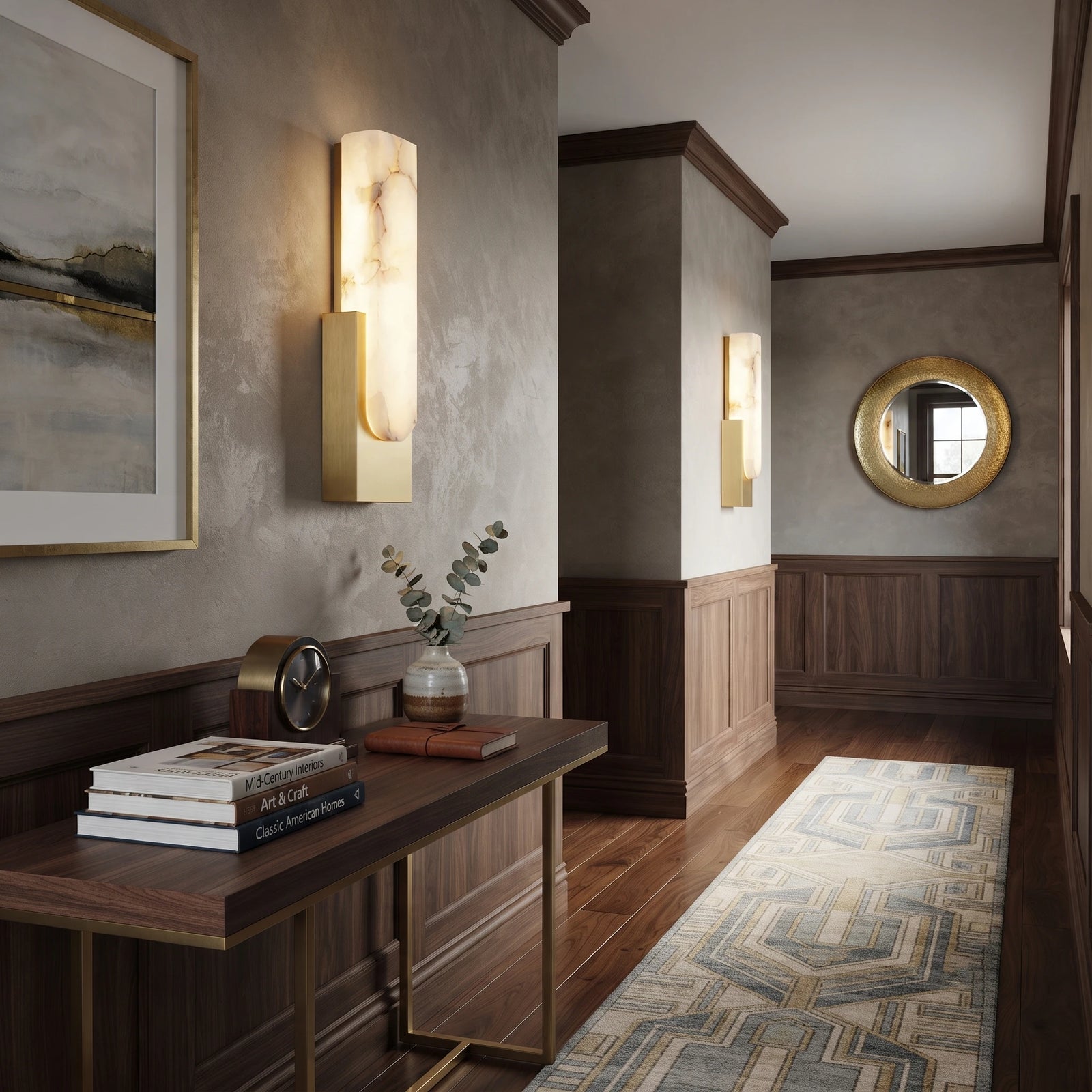 Pair of Modern Alabaster Sconces Illuminating Hallway Corridor