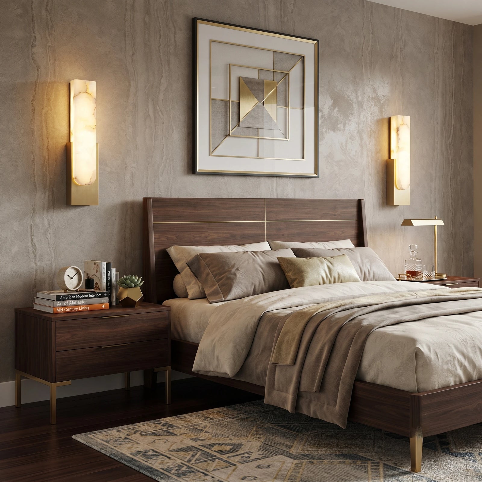 Pair of Rectangular Alabaster Wall Sconces Flanking Master Bed