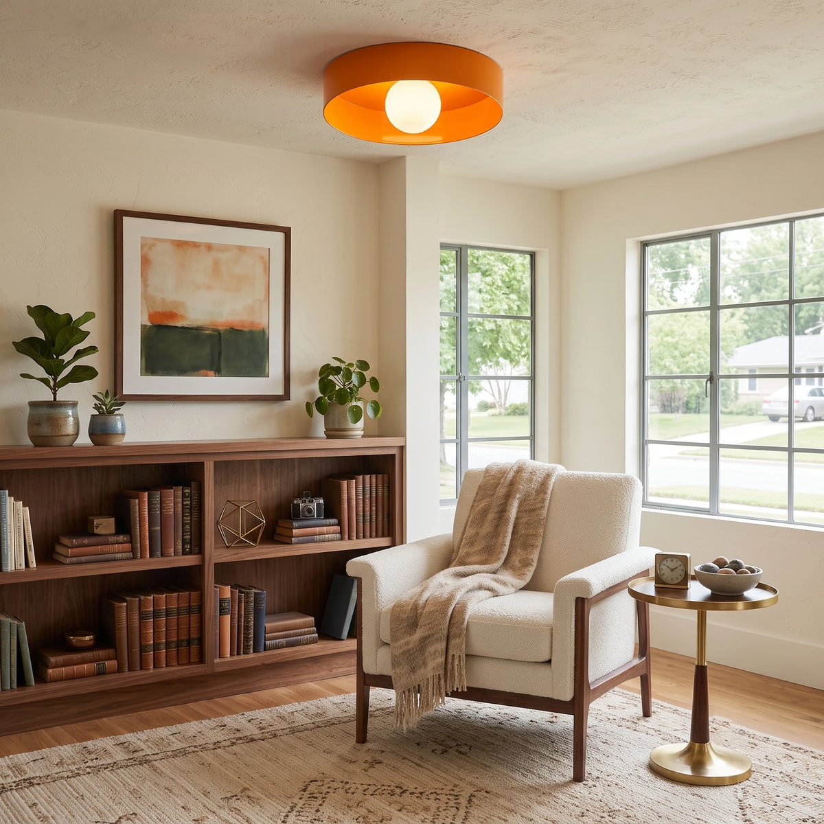 Modern Orange Ceiling Lamp Over Living Room Reading Nook