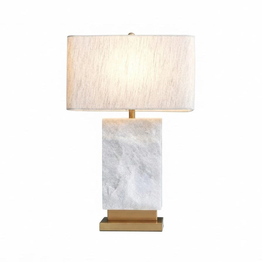 Modern Brass and Textured Marble Rectangular Table Lamp with Rectangular Fabric Shade on Pure White Background   