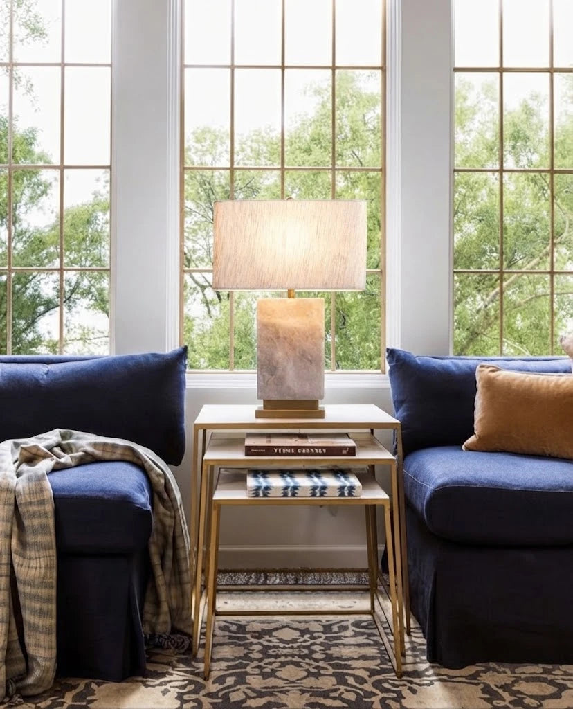 Modern Marble Rectangular Table Lamp in Cozy Living Room Setting 