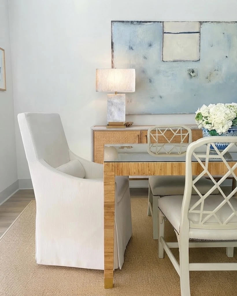 Modern Brass Textured Marble Table Lamp in Elegant Dining Area