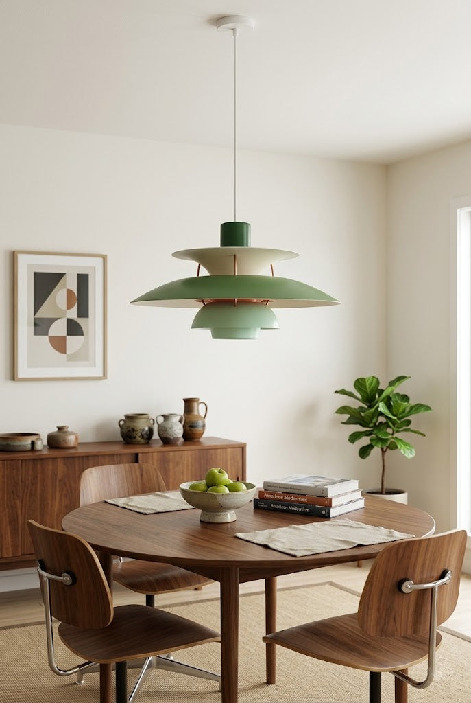 Green PH5 pendant lamp hanging above wooden dining chairs bright dining room
