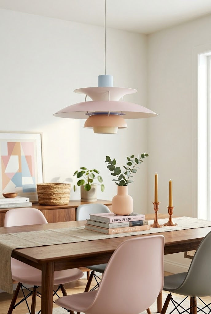 White PH 5 pendant lamp suspended over light wood dining table bright scandinavian dining room