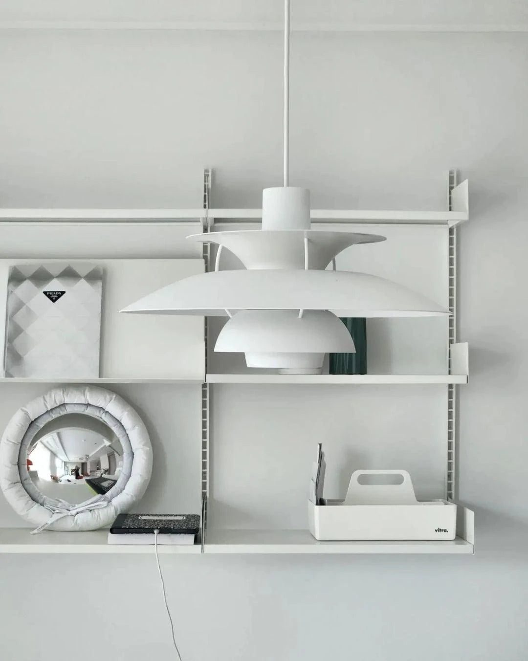 Modern Nordic Pendant Light Styled with White Shelving Unit