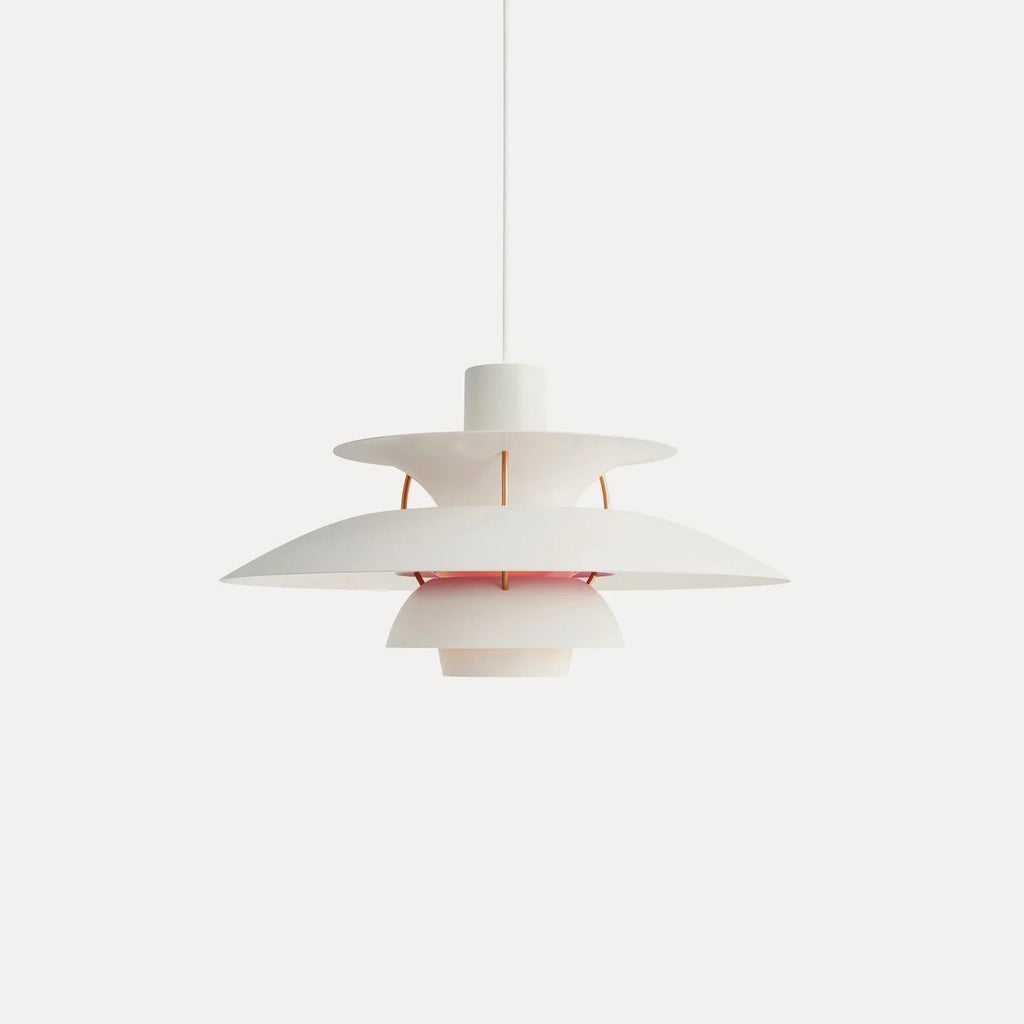 Front View of Modern Nordic Off-White and Red Trim Pendant Light Studio Display