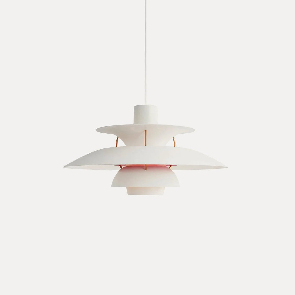 Front View of Modern Nordic Off-White and Red Trim Pendant Light Studio Display