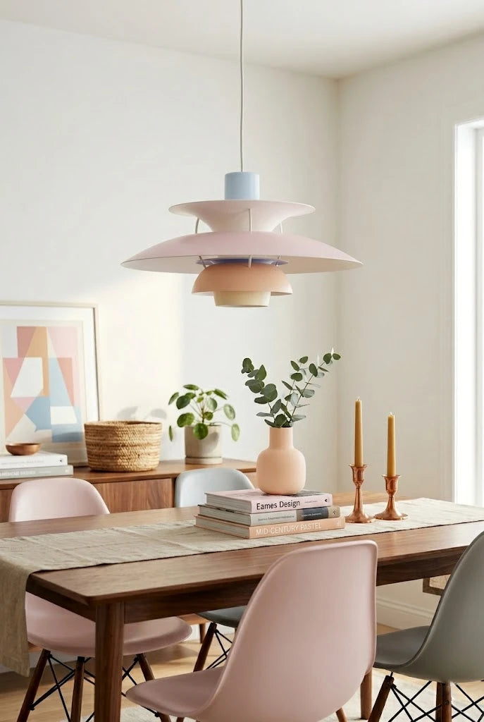 Modern Nordic Pendant Light Over Dining Table with Pink Chairs