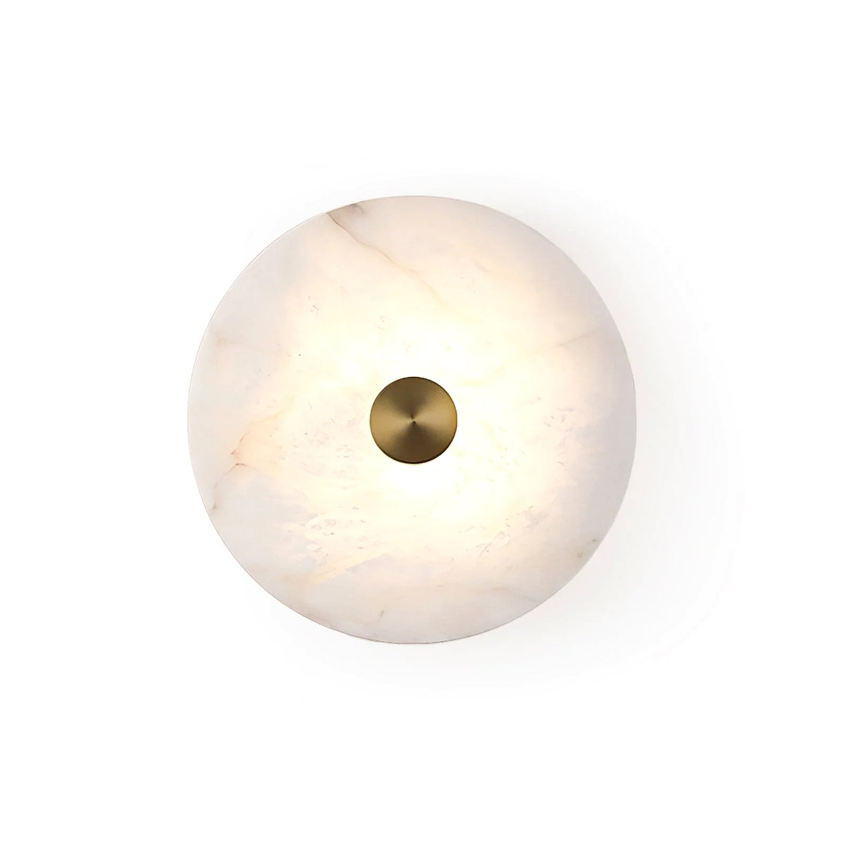 Disc Alabaster Wall Light round flat natural alabaster sconce brass center fixture isolated white background