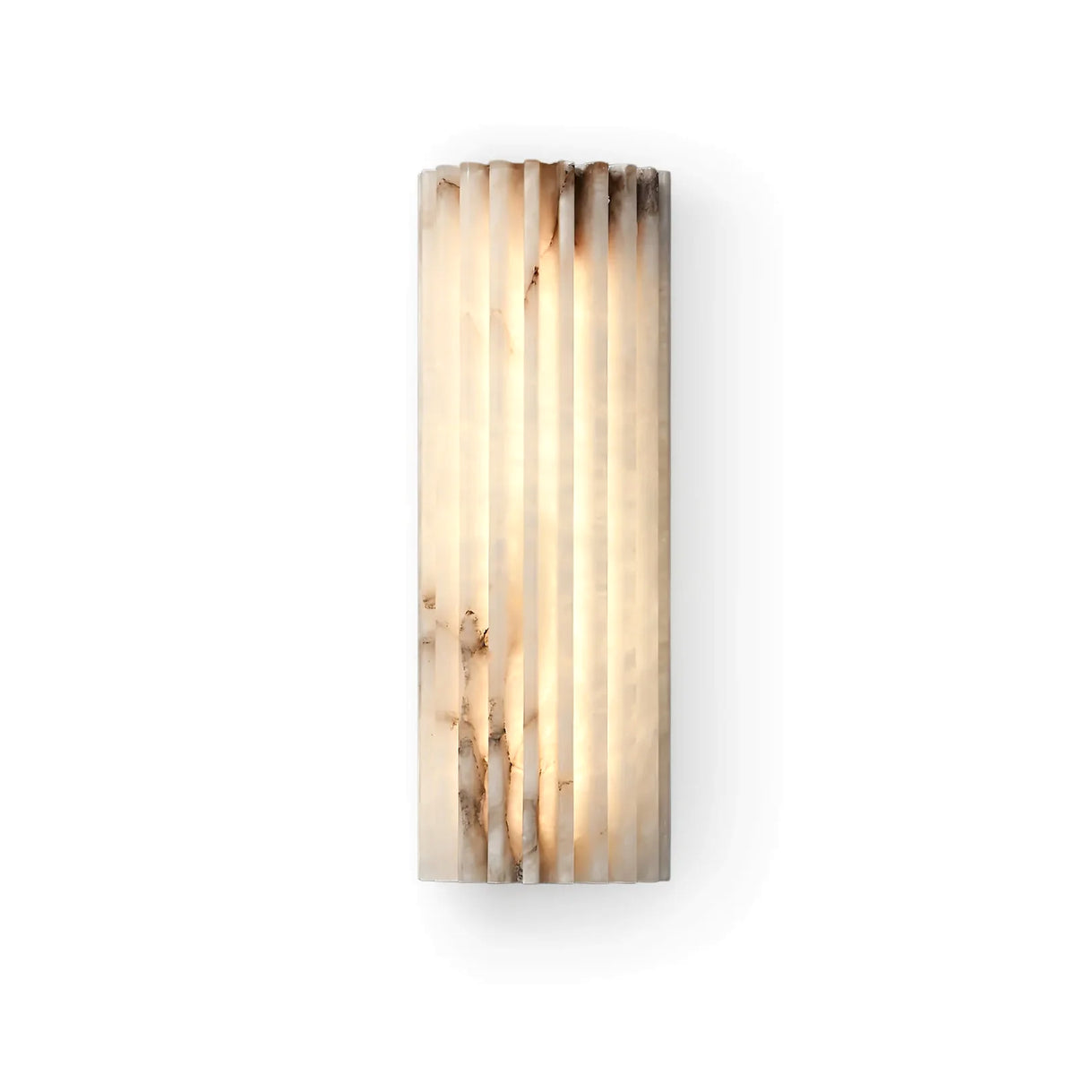 Illuminated Aurelius Fluted Alabaster Sconce, vertical ribbed natural alabaster wall light isolated on white background