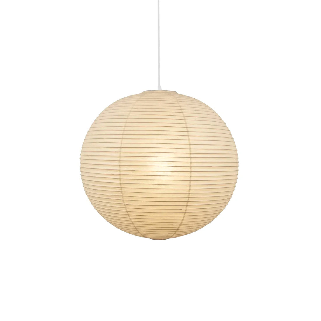 Akari A Paper Pendant Light isolated on white background, spherical noguchi rice paper hanging lamp