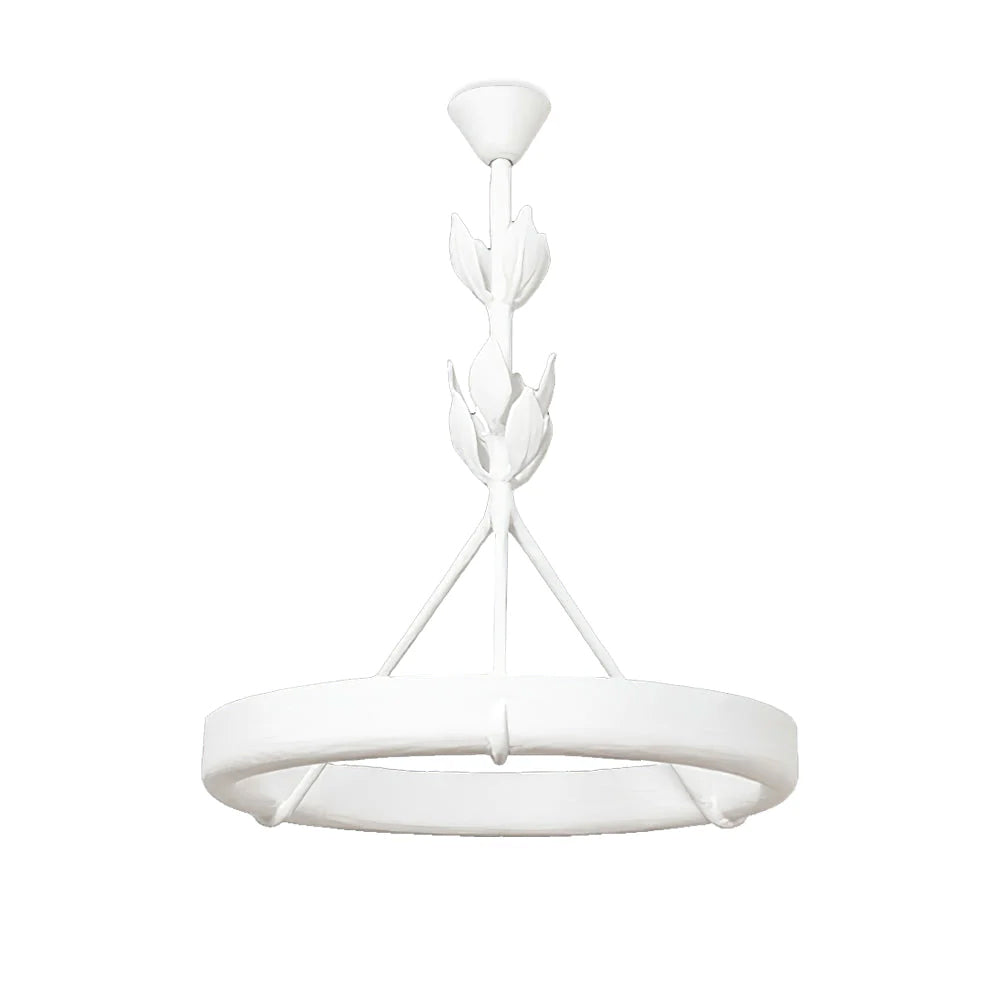 Matte White Plaster Chandelier with floral ornament, ring shape pendant light product photo white background