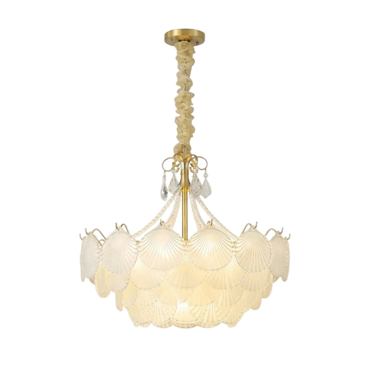 Modern Brass and Shell Art Glass Chandelier with Wrapped Canopy and Chain on Pure White Background