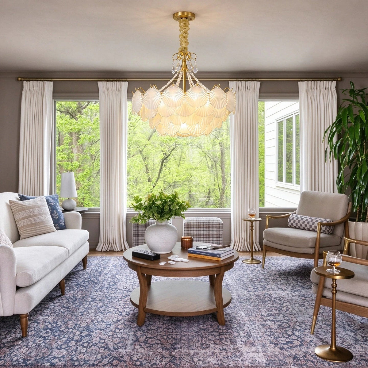 Modern Shell Art Glass Chandelier in Bright Living Room Setting