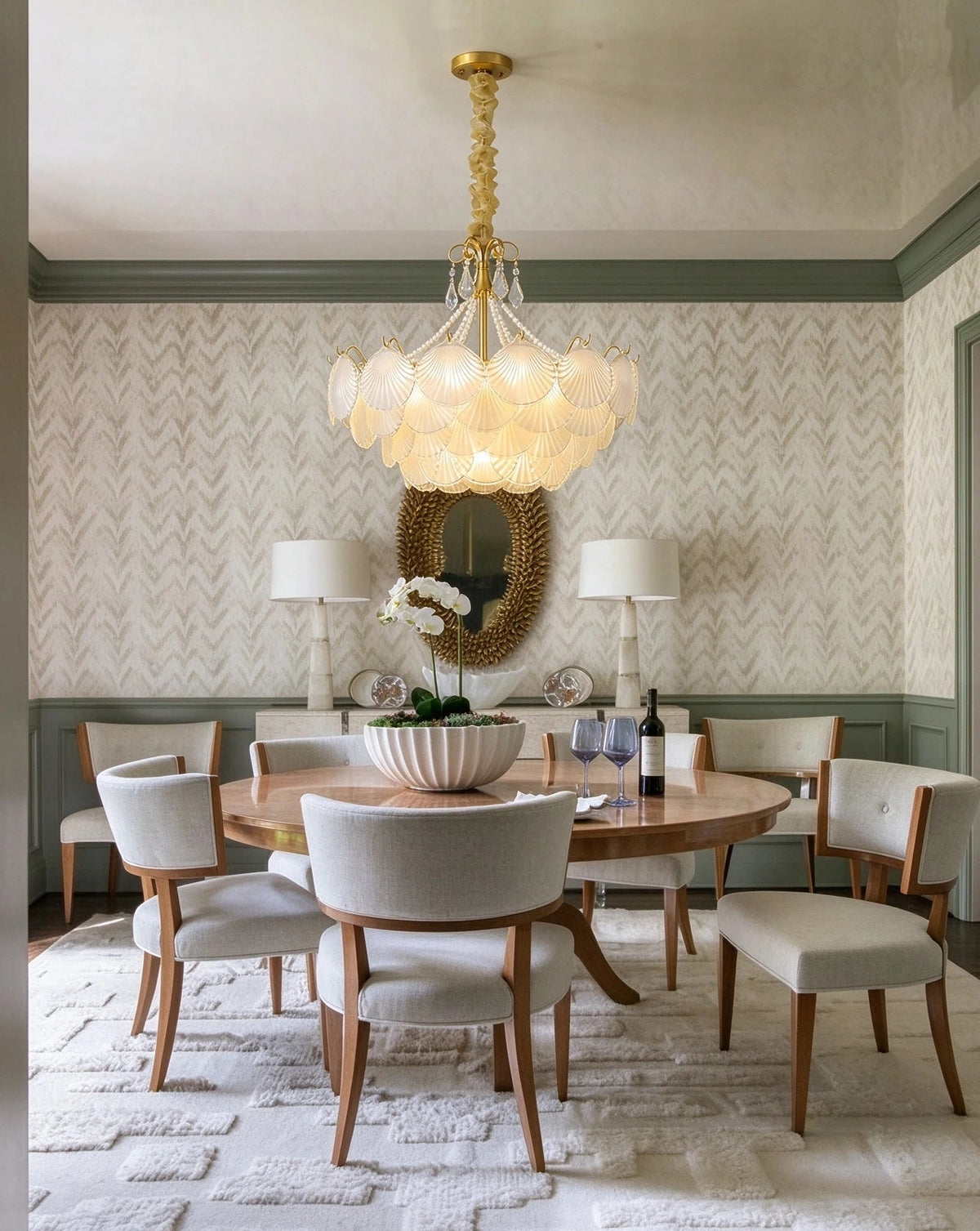 Modern Shell Art Glass Chandelier in Elegant Dining Setting