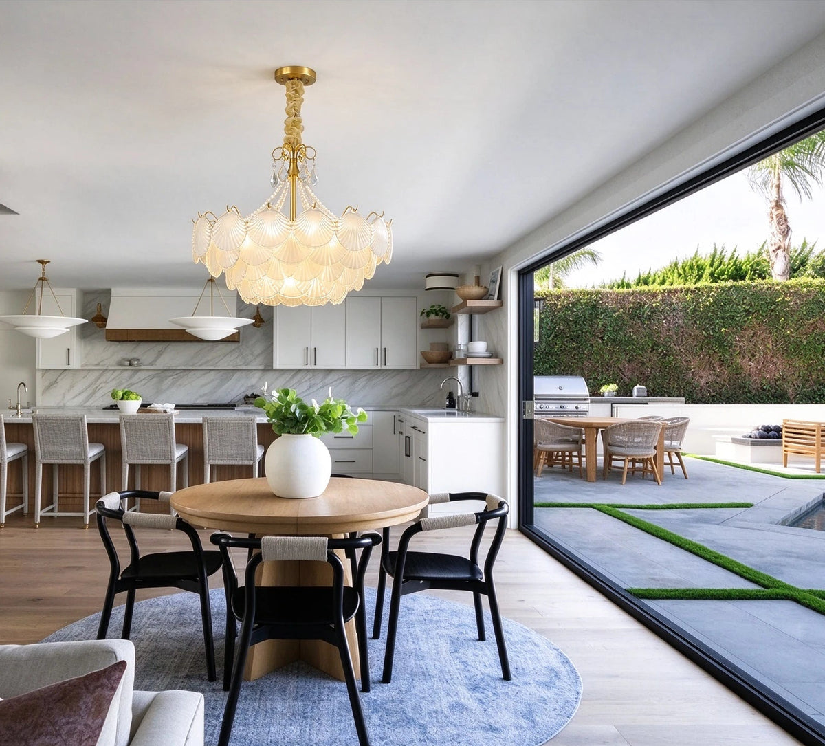 Modern Brass Shell Art Glass Chandelier in Open Plan Kitchen Dining