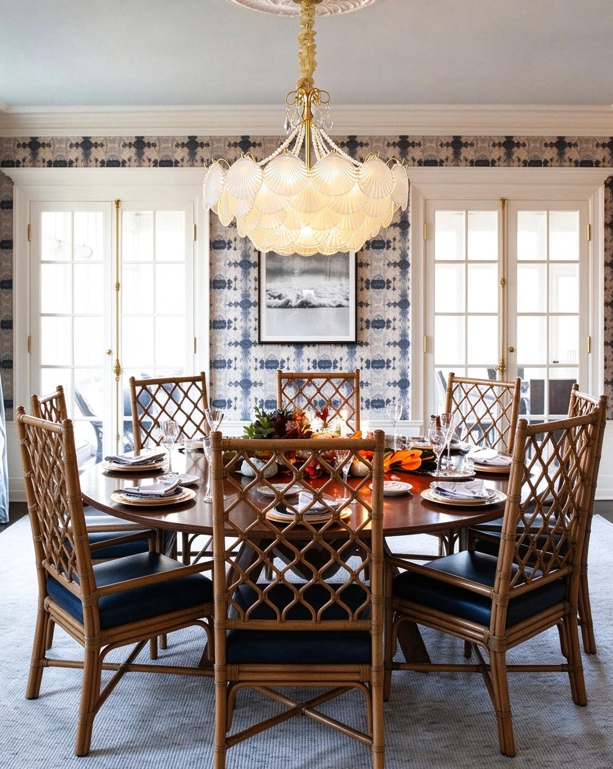 Modern Shell Art Glass Chandelier in Formal Dining Room