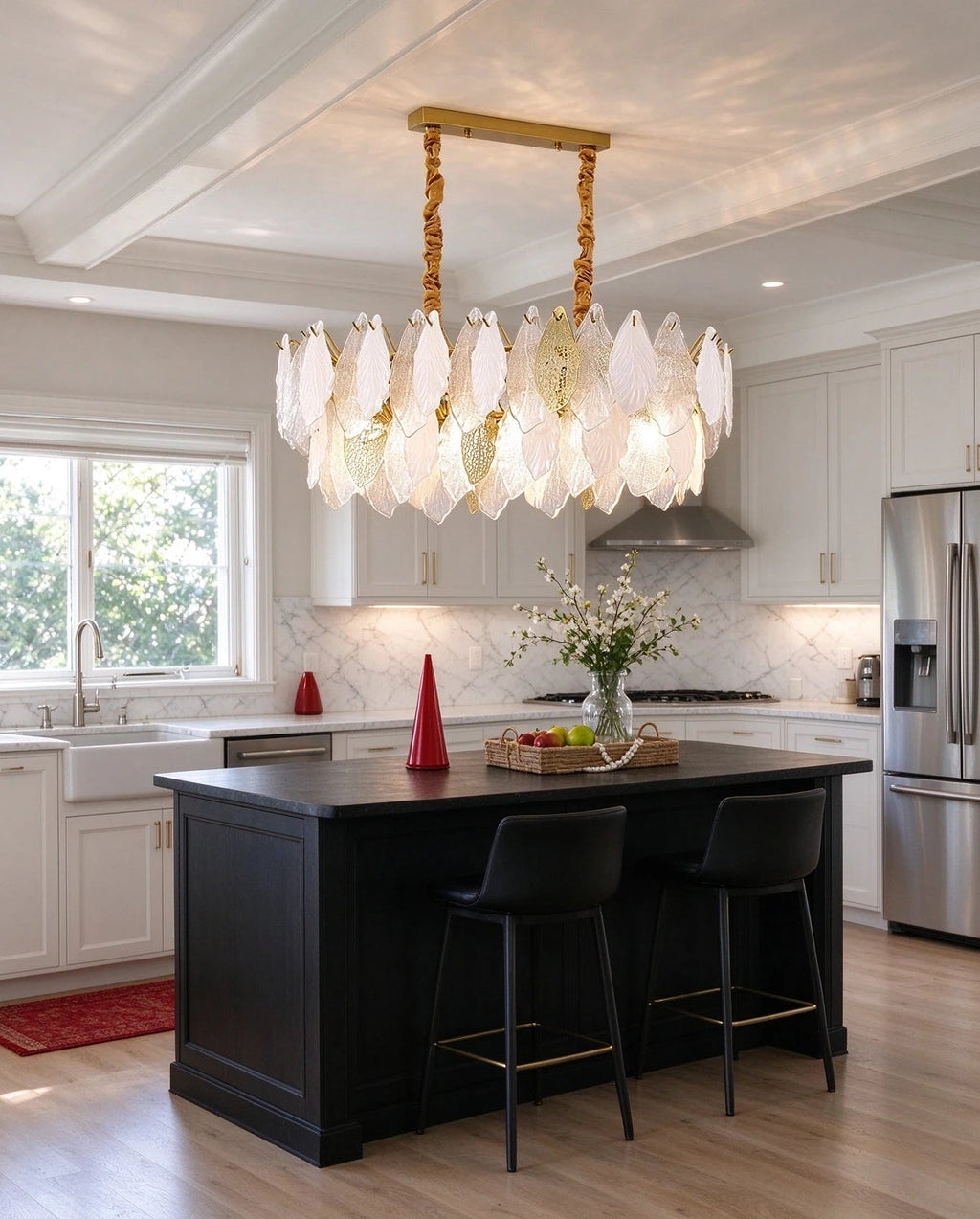 Modern Leaf Art Glass Linear Chandelier Over Breakfast Bar