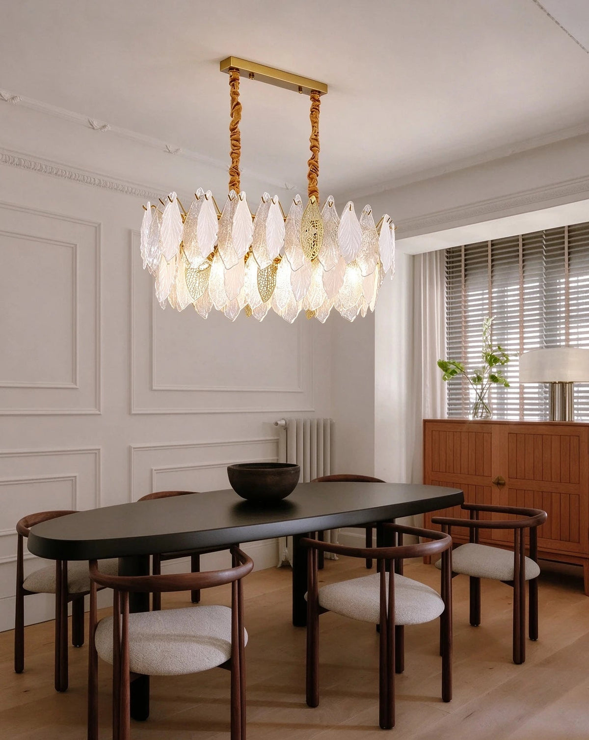Modern Brass Leaf Art Glass Linear Chandelier in Minimalist Dining Room