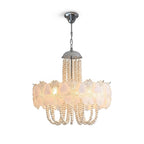 Modern White Flower and Pearl Art Glass Chandelier with Silver Canopy on Pure White Background