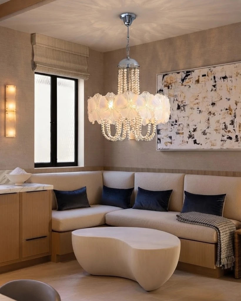 Modern White Flower Art Glass Chandelier in Cozy Living Area