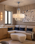 Modern White Flower Art Glass Chandelier in Cozy Living Area