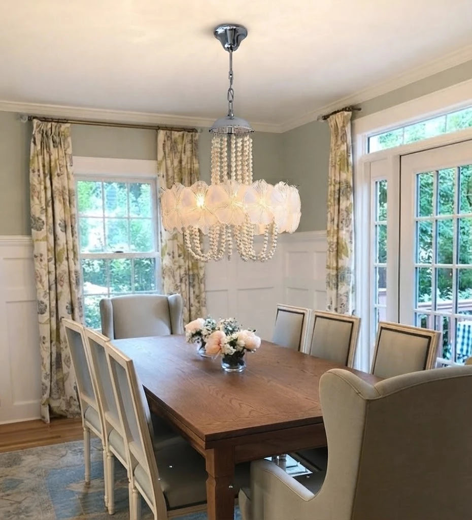 Modern White Flower and Pearl Art Glass Chandelier in Open Plan Dining Room