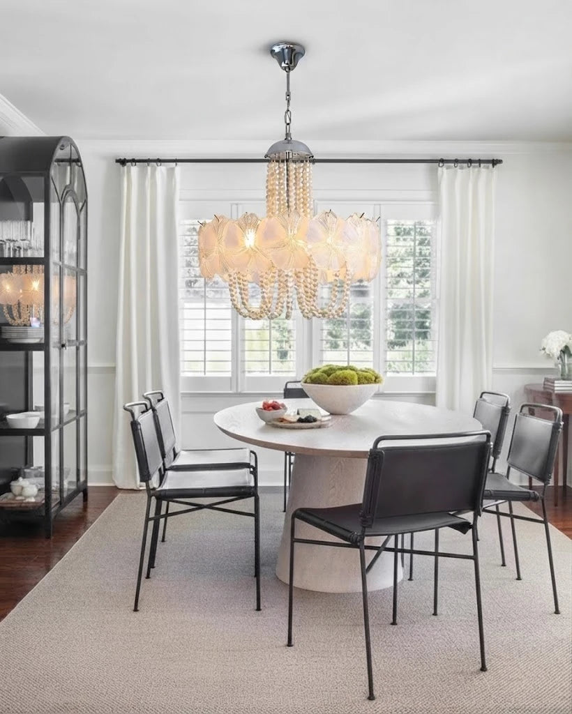 Modern White Flower Art Glass Chandelier in Bright Dining Setting