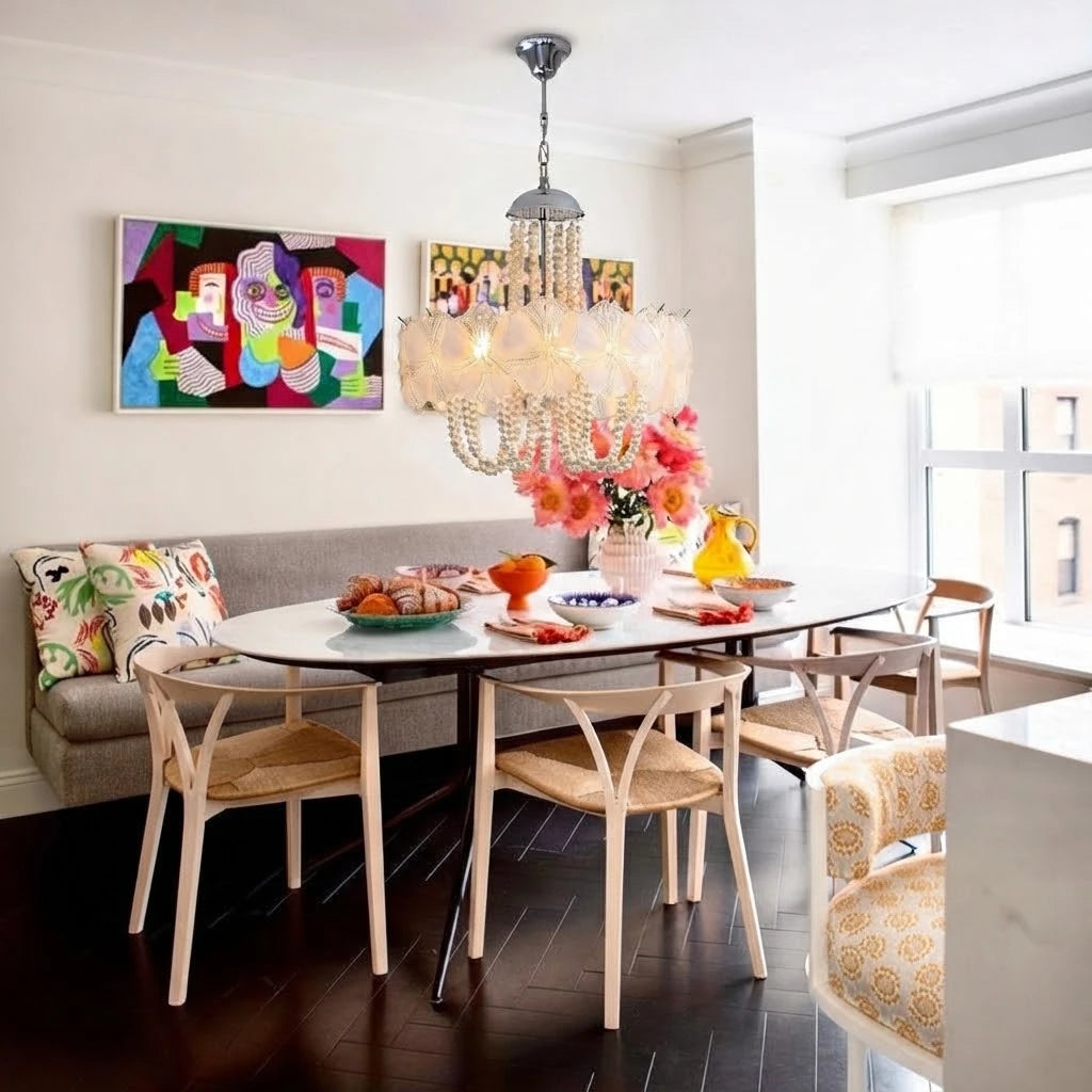 Modern White Flower Chandelier in Cozy Dining Nook