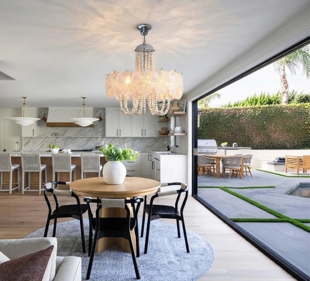 Modern White Flower Art Glass Chandelier Over Kitchen Dining Area
