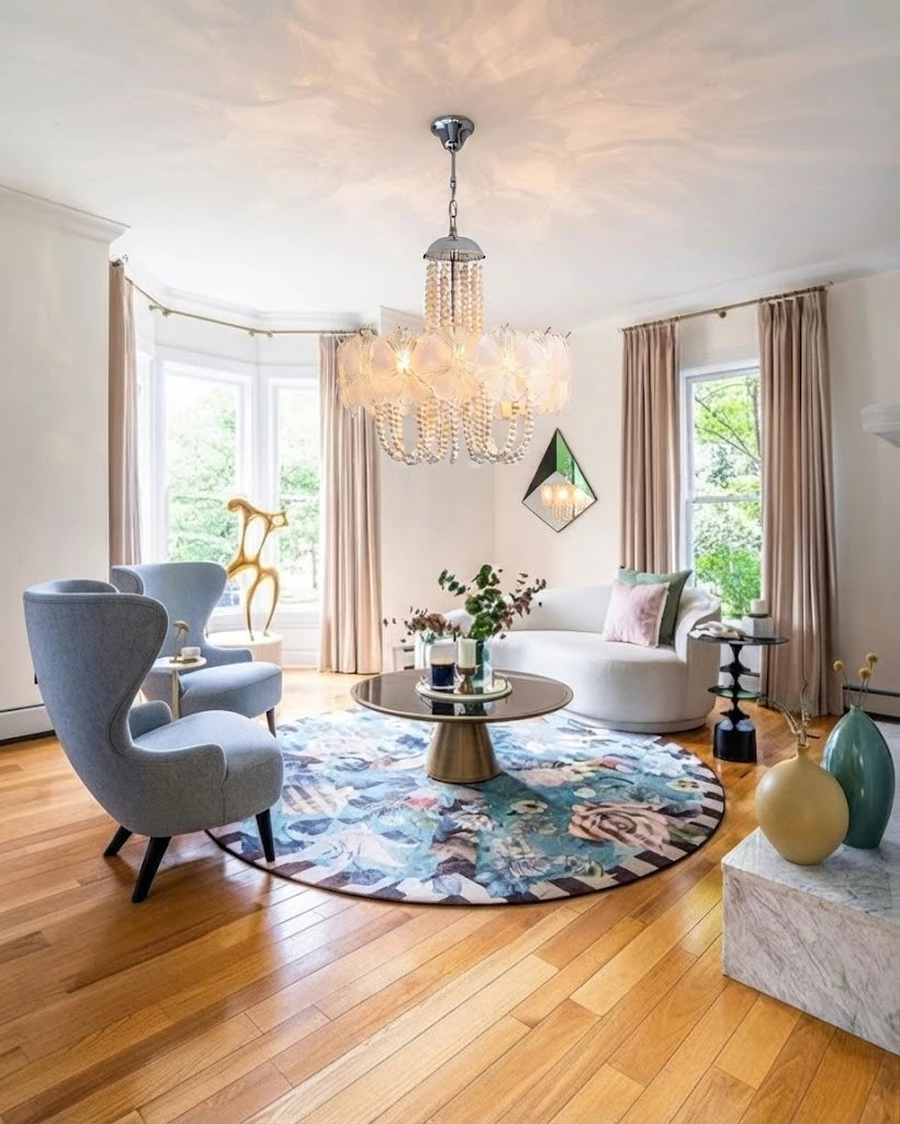 Modern White Flower Art Glass Chandelier in Bright Living Room