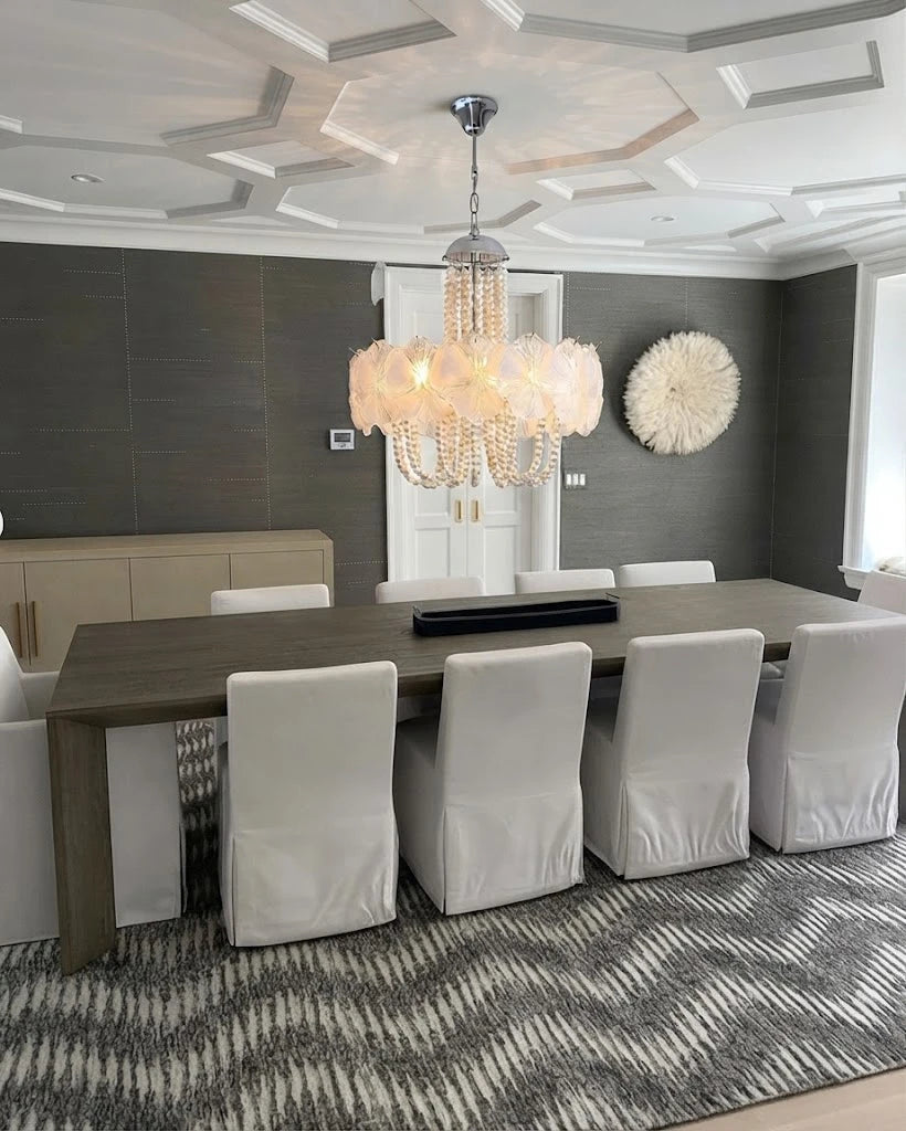 Modern White Flower Chandelier in Formal Dining Room