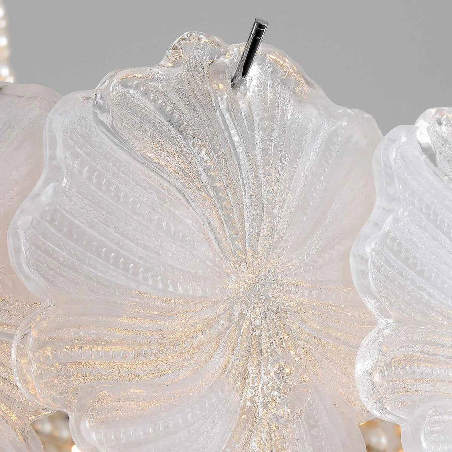 Close Up View of White Flower Glass Petals and Pearl Beaded Strings